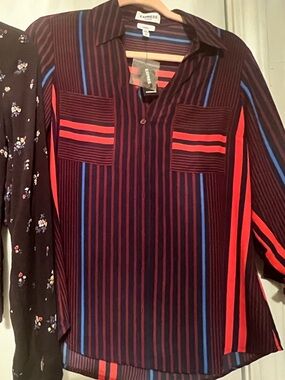 Express Striped Shirt Jacket in Navy and Burgundy with Blue Accent